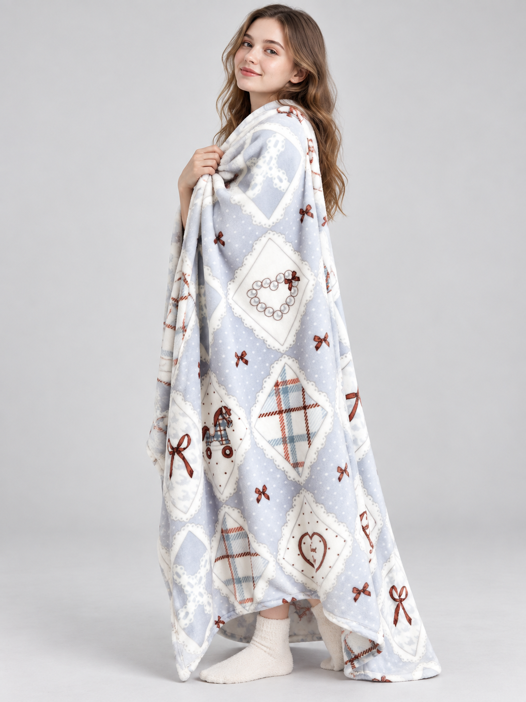 Reversible Blue Blanket with Horse and Bow Print