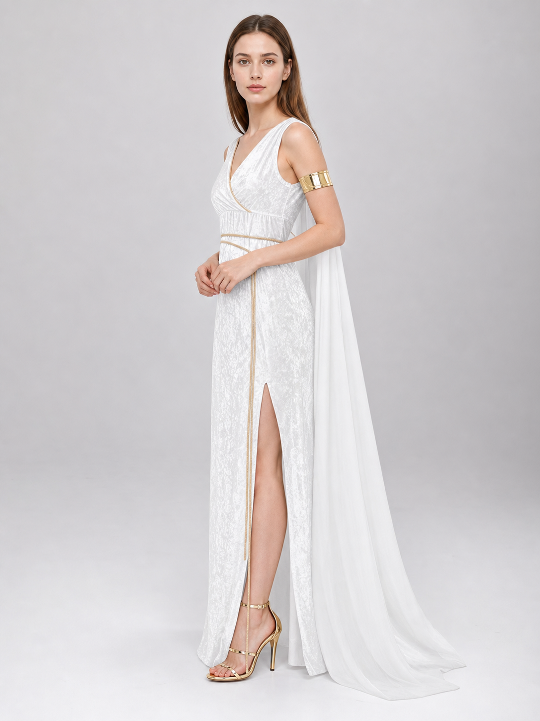 White long Greek-style dress with a high slit