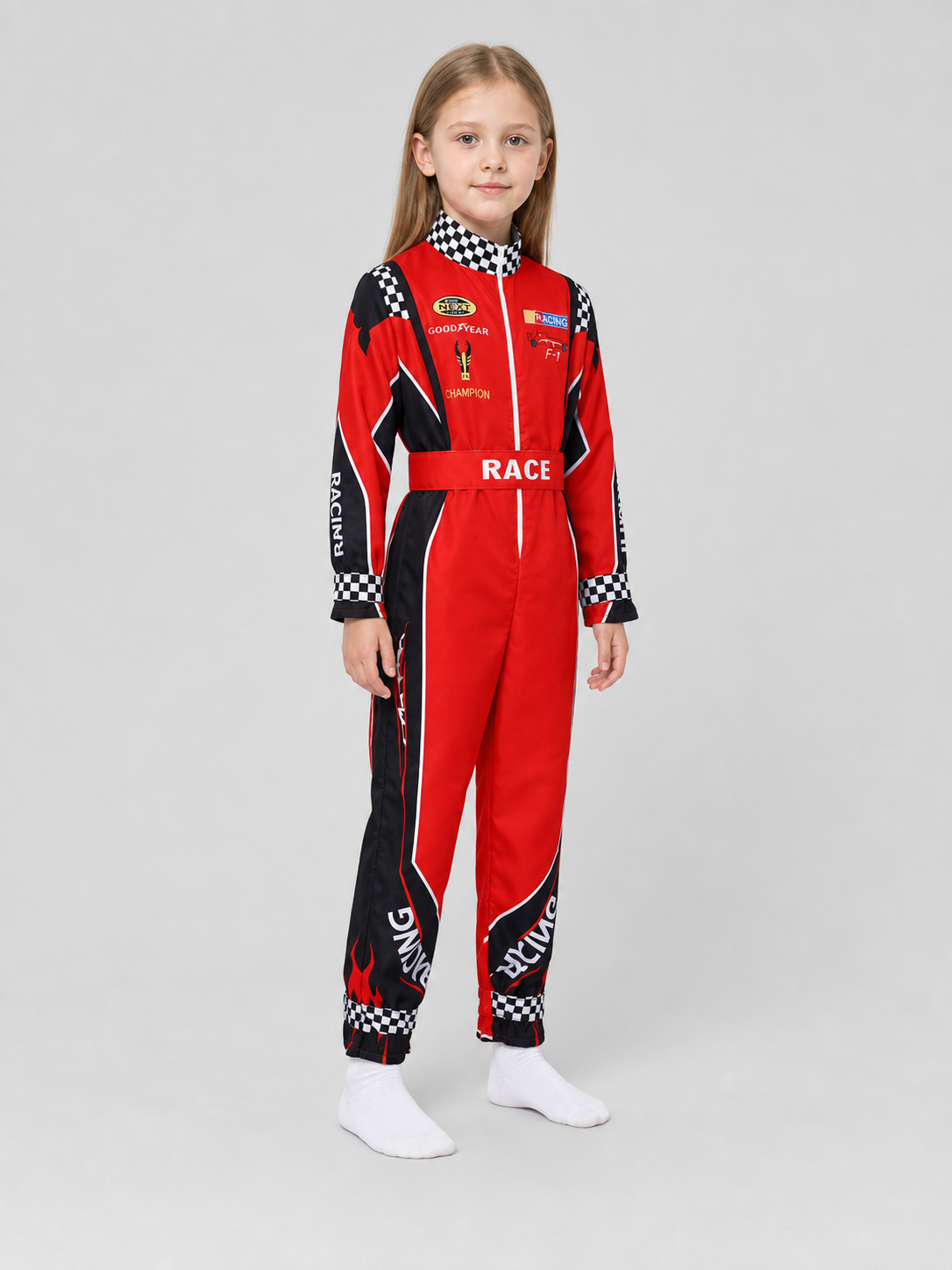 Children's Racing Jumpsuit with Belt, Checkered side view
