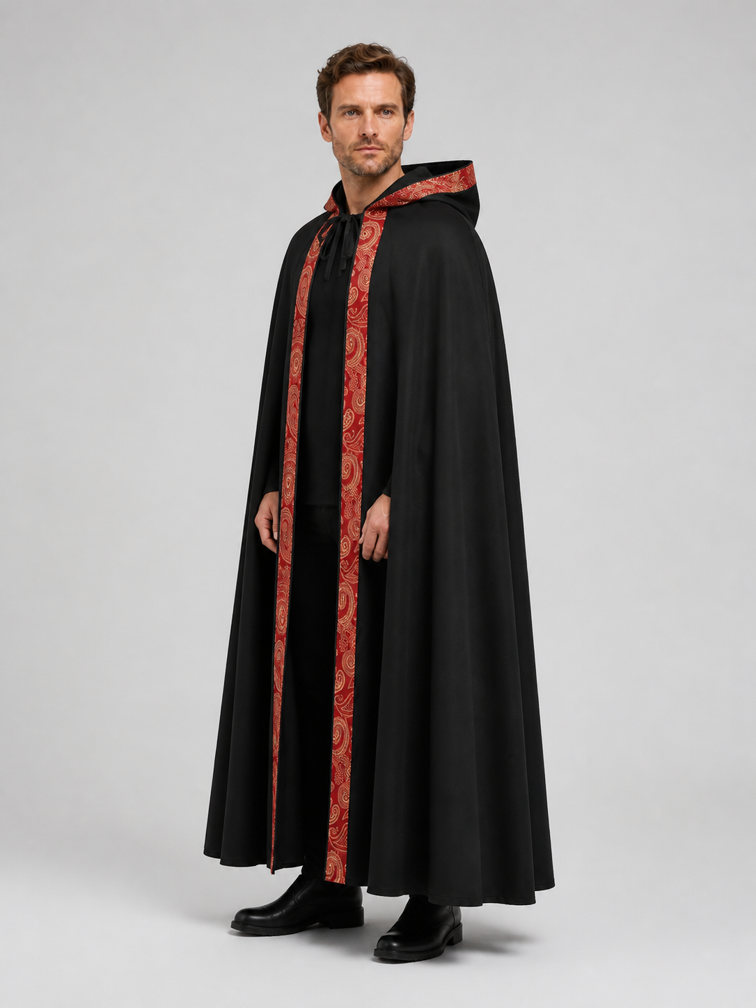 Black Gothic Hooded Cloak with Ornamental Trim side view