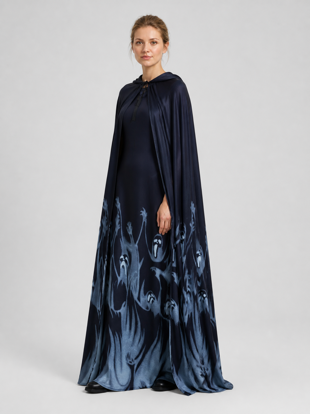 Halloween Hooded Cloak Costume with Ghost Patterns