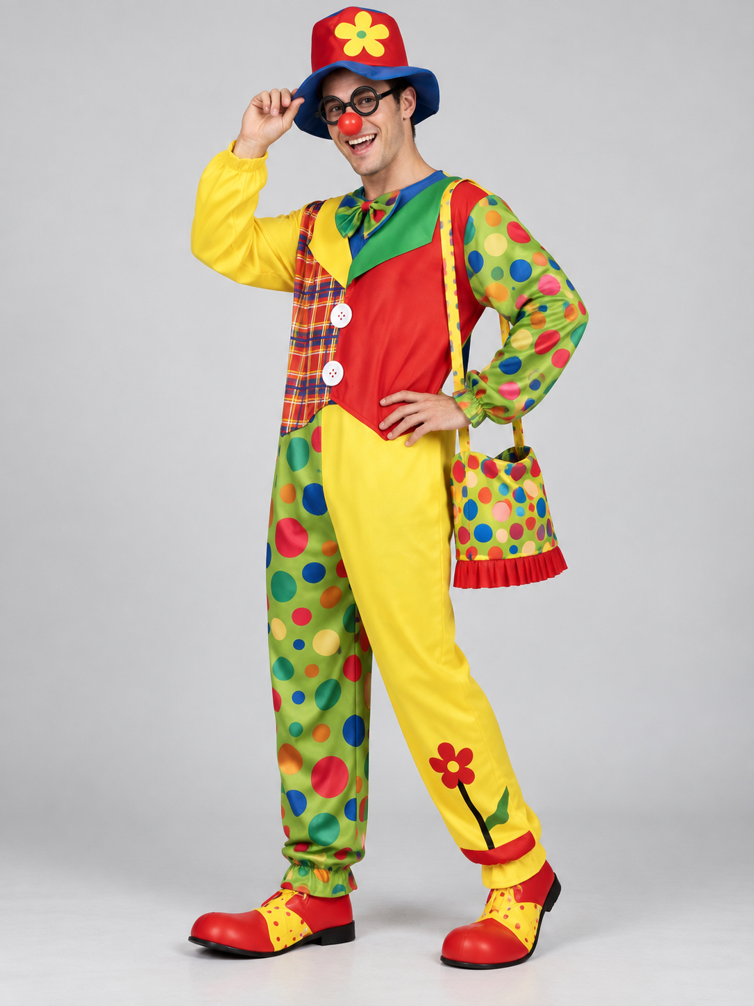 Adult Clown Costume with Hat and Bow Tie