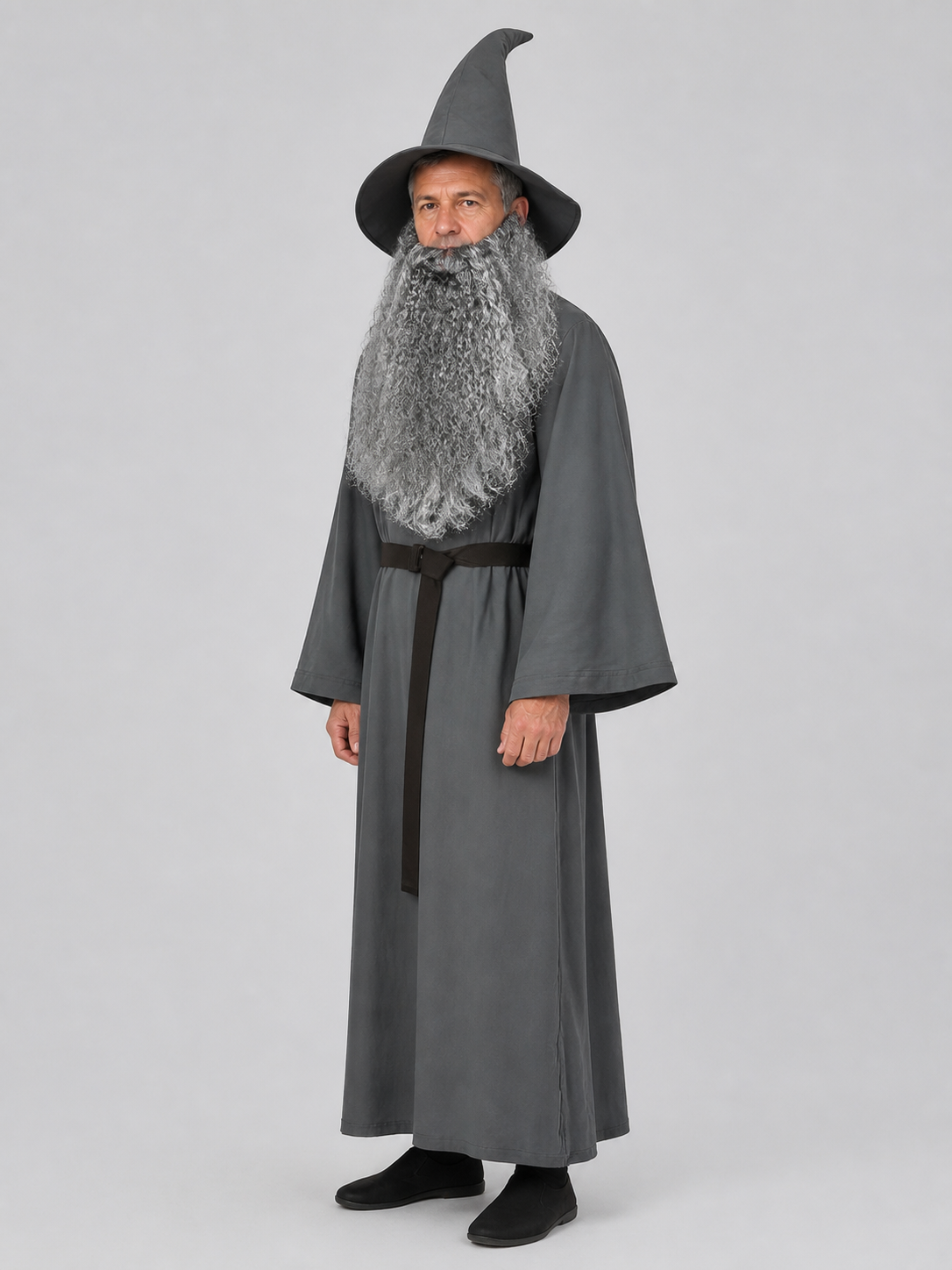 Adult Halloween Wizard Costume Set - 5Pcs Long Sleeve Robe, Curved Hat, Belt side view 2