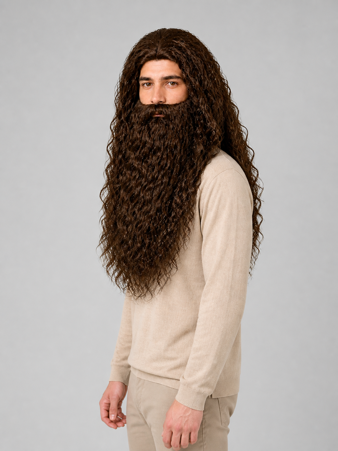 Wig with Long Curly Hair and Beard