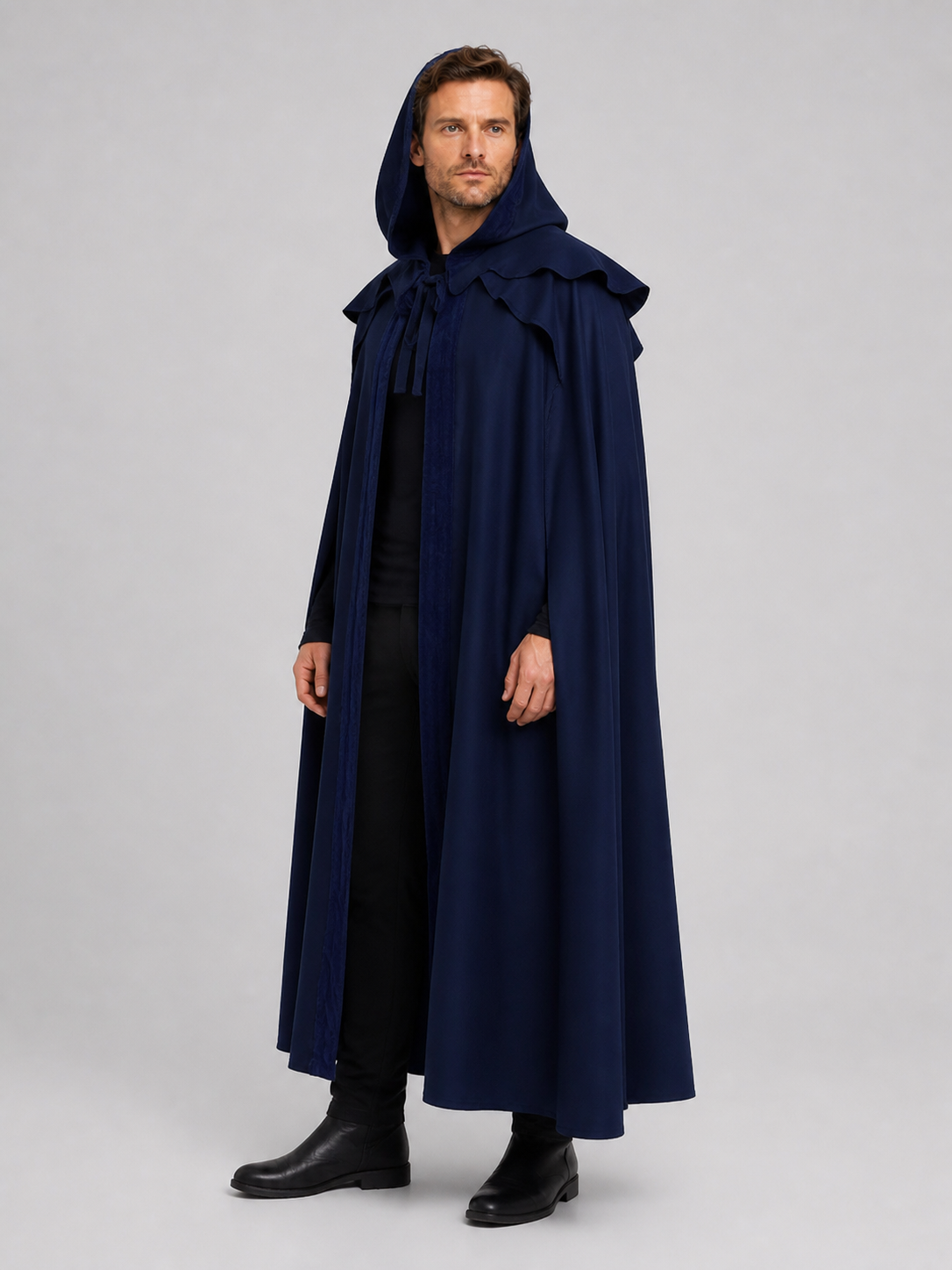 Long Blue Gothic Hooded Cloak with Ties side view