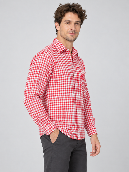 Red plaid shirt, long sleeves, polyester, cotton