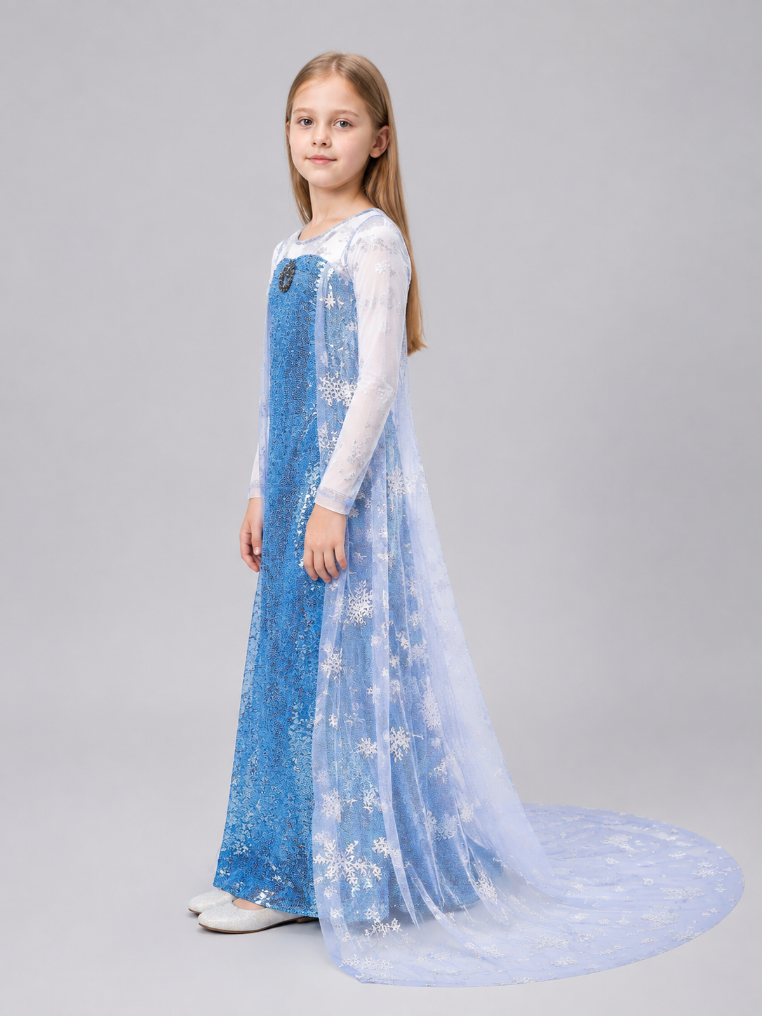 Floor-Length Dress with Snowflakes, Blue Embellishments, and a Train side view