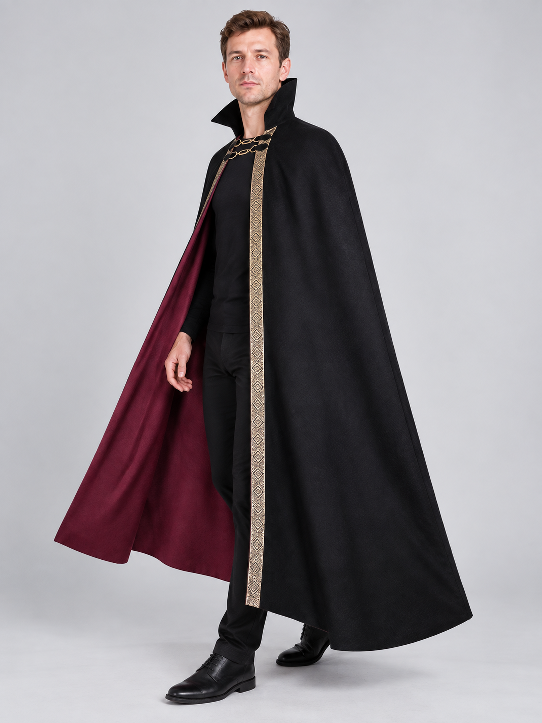 Cape Cloak with Burgundy Lining and High Collar side view
