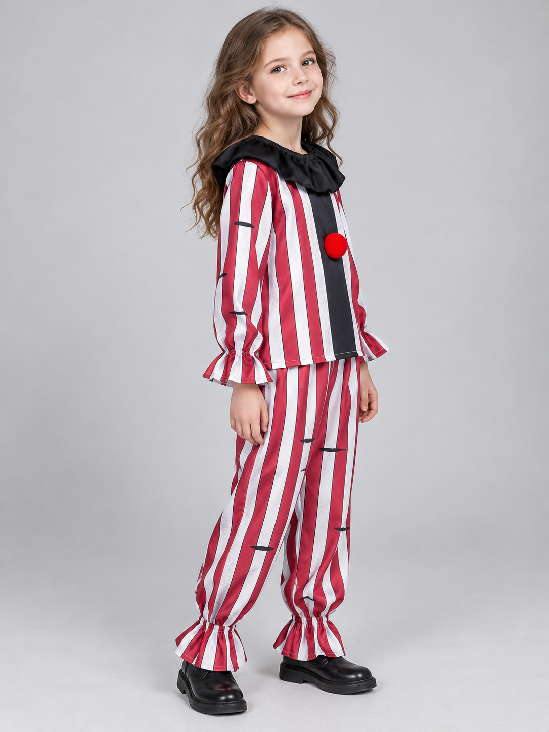 Red and white clown costume with black collar and pompom