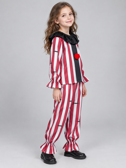Red and white clown costume with black collar and pompom