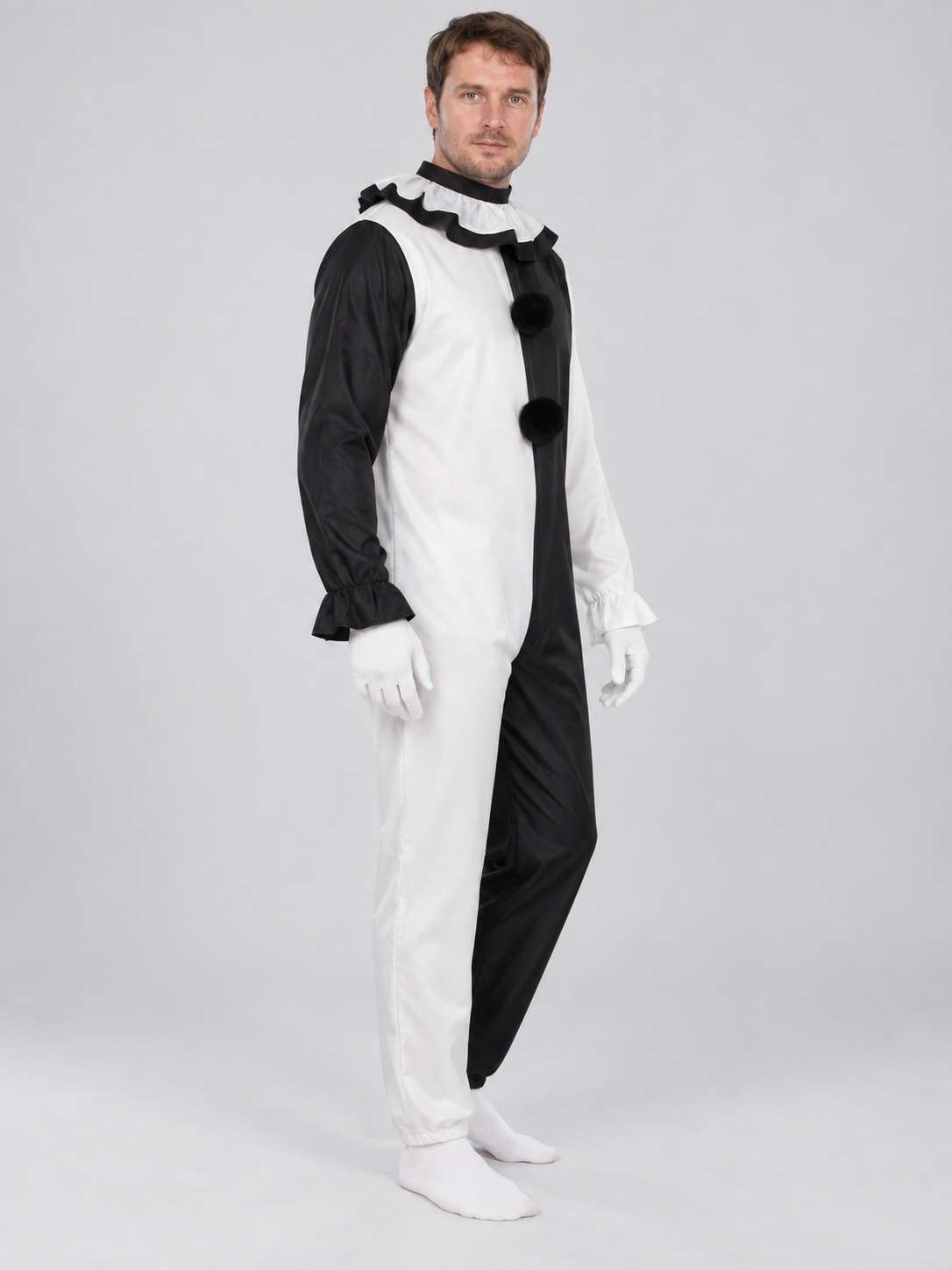 Black and White Clown Costume for Cosplay with Jabot and Pom-Poms