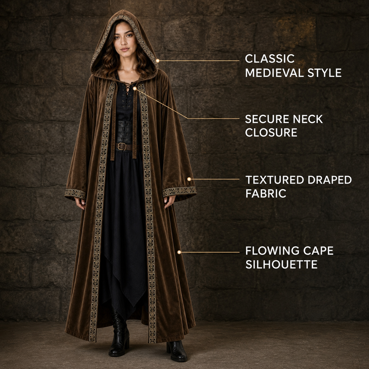 Long Hooded Robe, Brown, Loose Fit side view 9