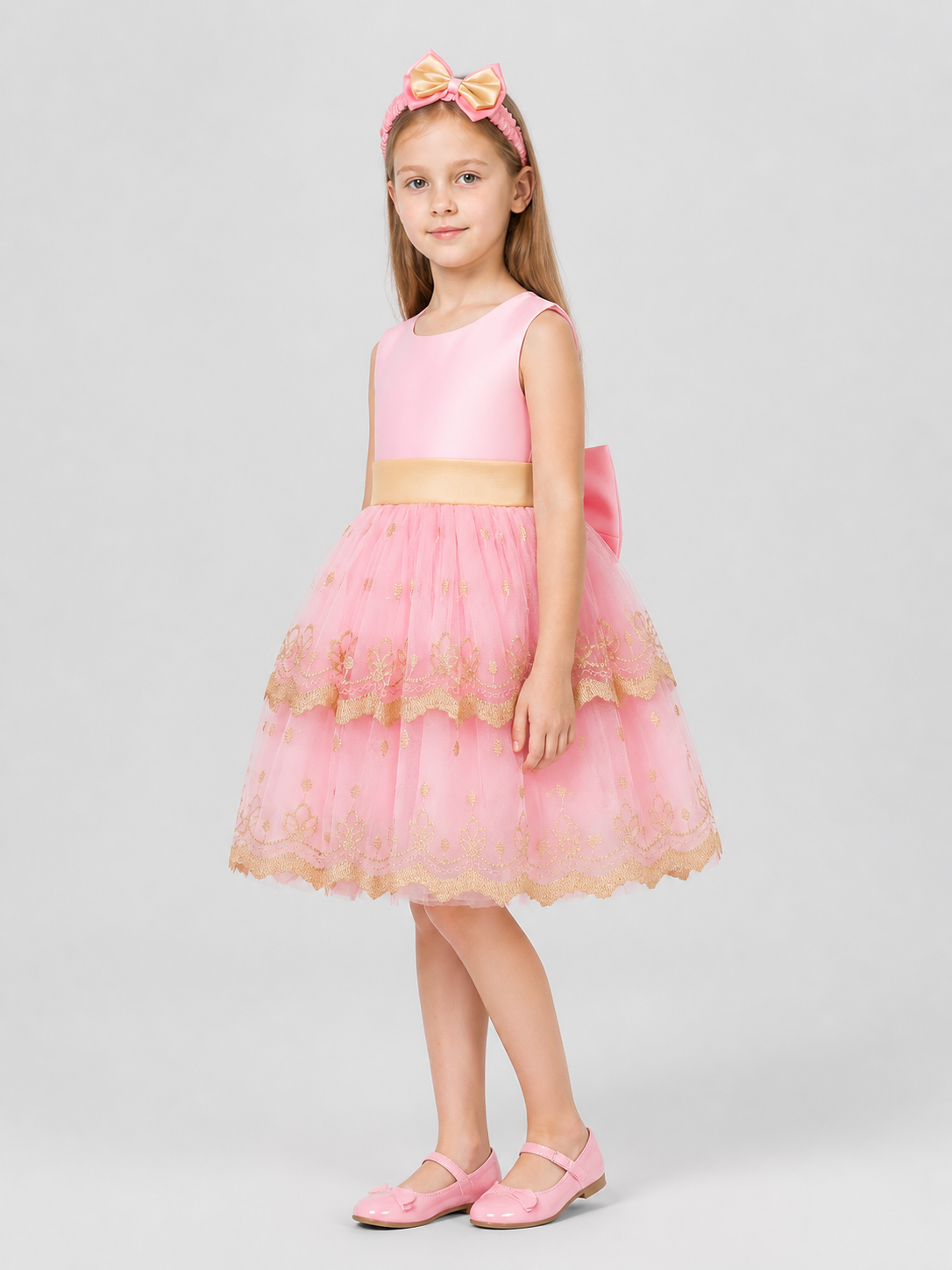 Girls' Princess Party Dress with Bow and Embroidery side view