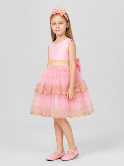 Girls' Princess Party Dress with Bow and Embroidery side view
