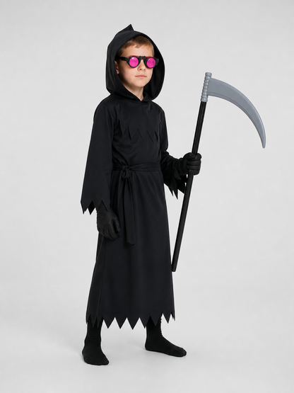 Children's Grim Reaper Costume with Scythe and Glowing Glasses side view