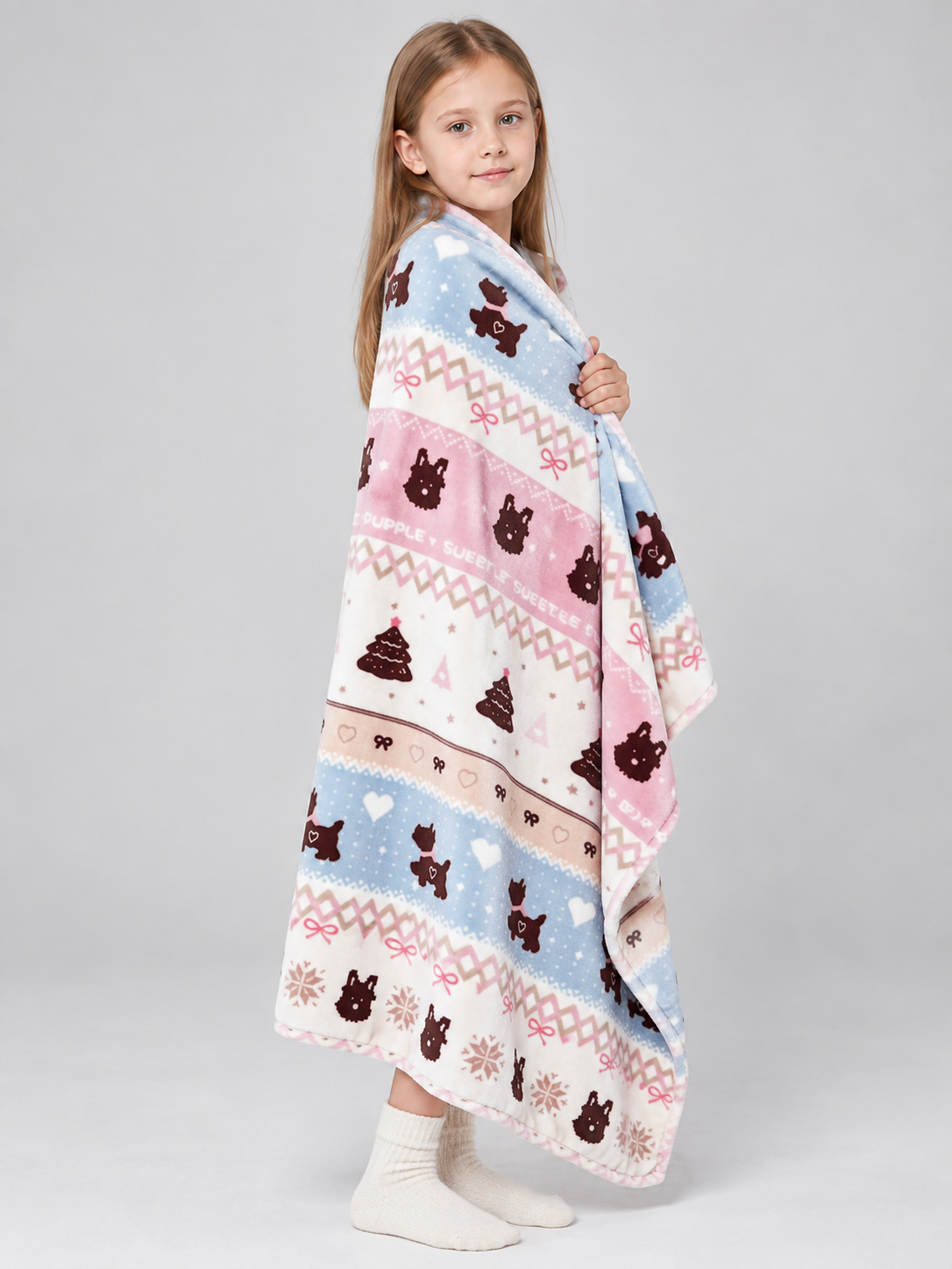 White double-sided milky velour blanket with a dog print