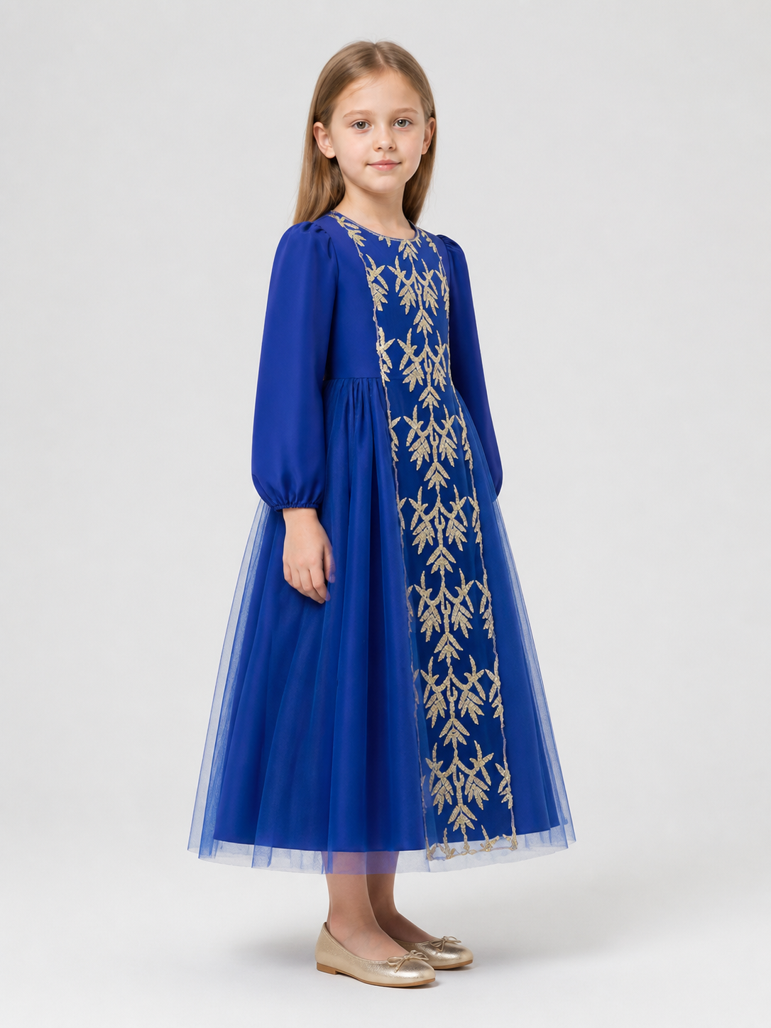 Princess Dress with Gold Embroidery and Full Skirt side view