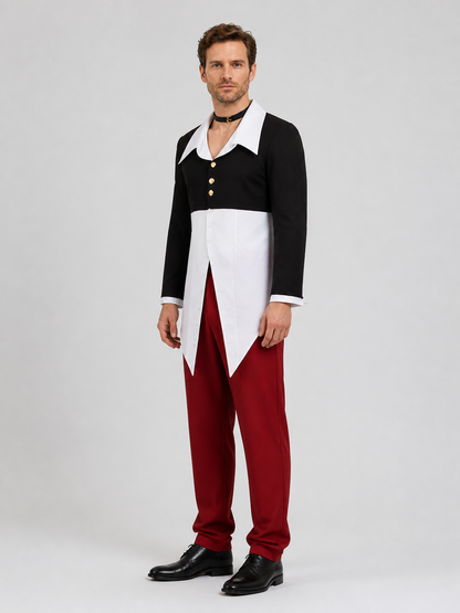 Iori Yagami Cosplay Costume, Black-and-White Top, Red Pants side view