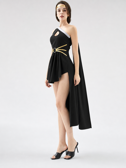 Stage costume with cape and gold-colored embellishments