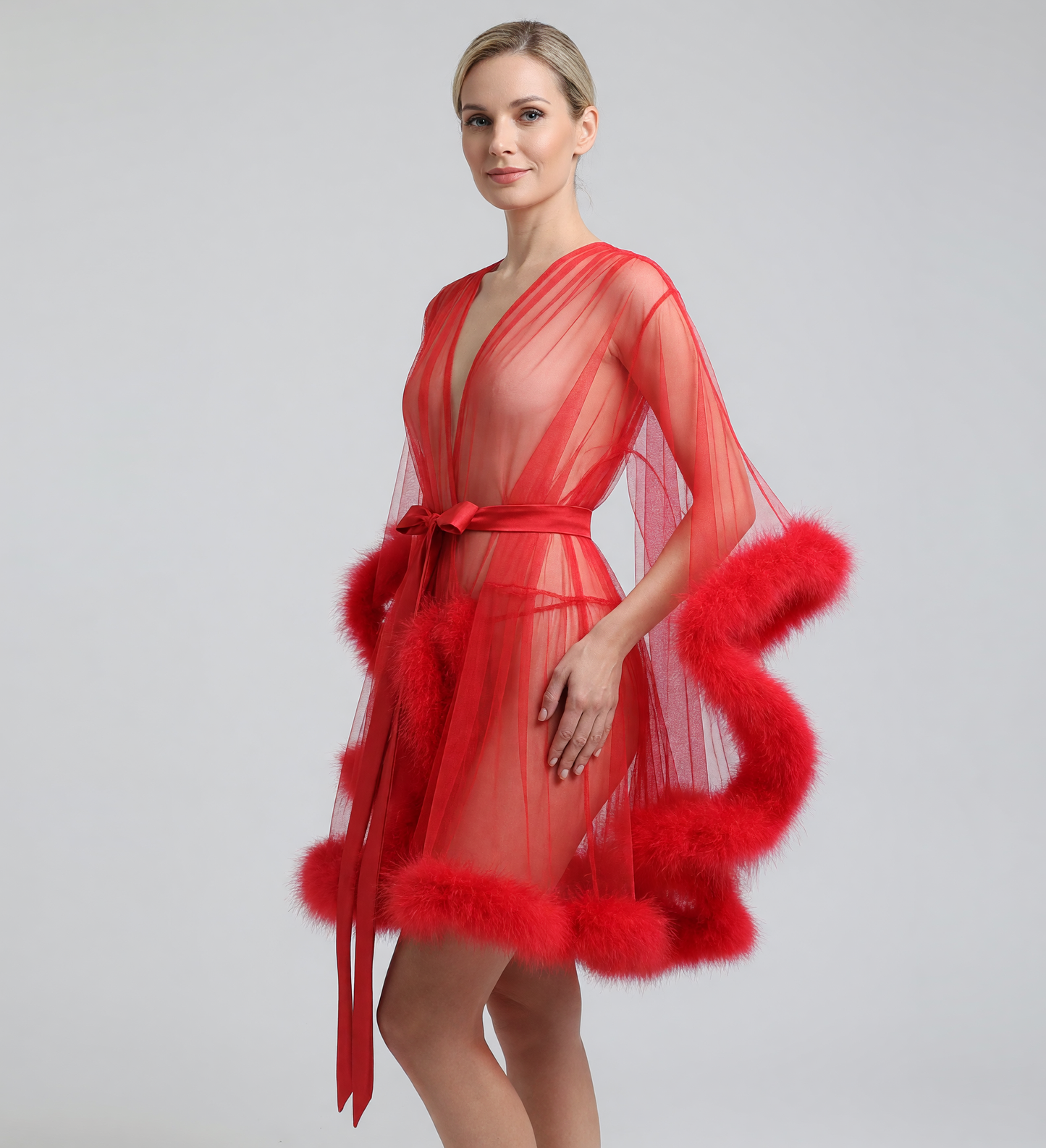 Red Adult Semi-Transparent Cape with Fluffy Trim