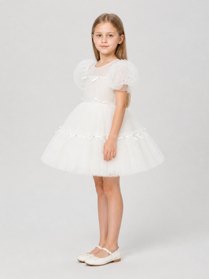 White Princess Dress with a Full Skirt and Bows side view