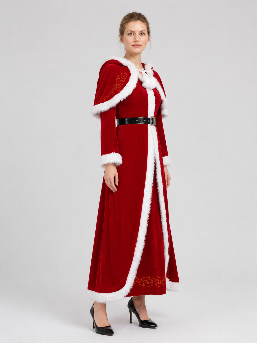 Red Christmas Costume with Hood and Fur Trim side view
