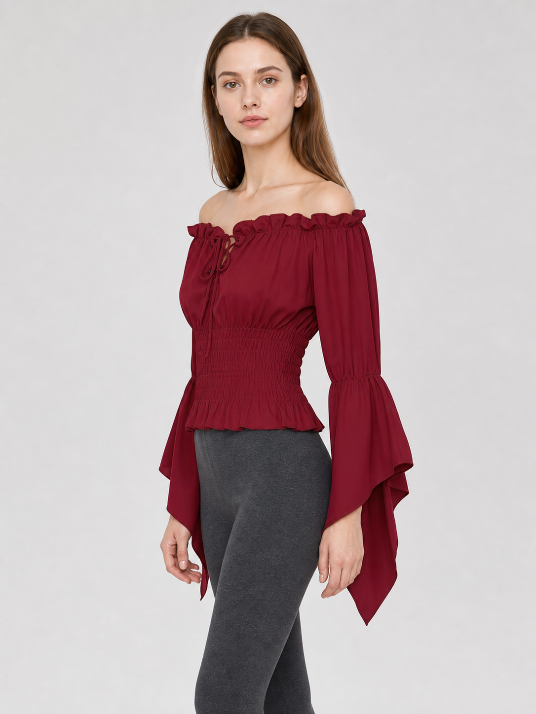 Cropped Off-Shoulder Lace-Up Blouse