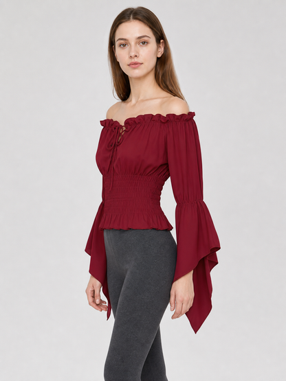 Cropped Off-Shoulder Lace-Up Blouse