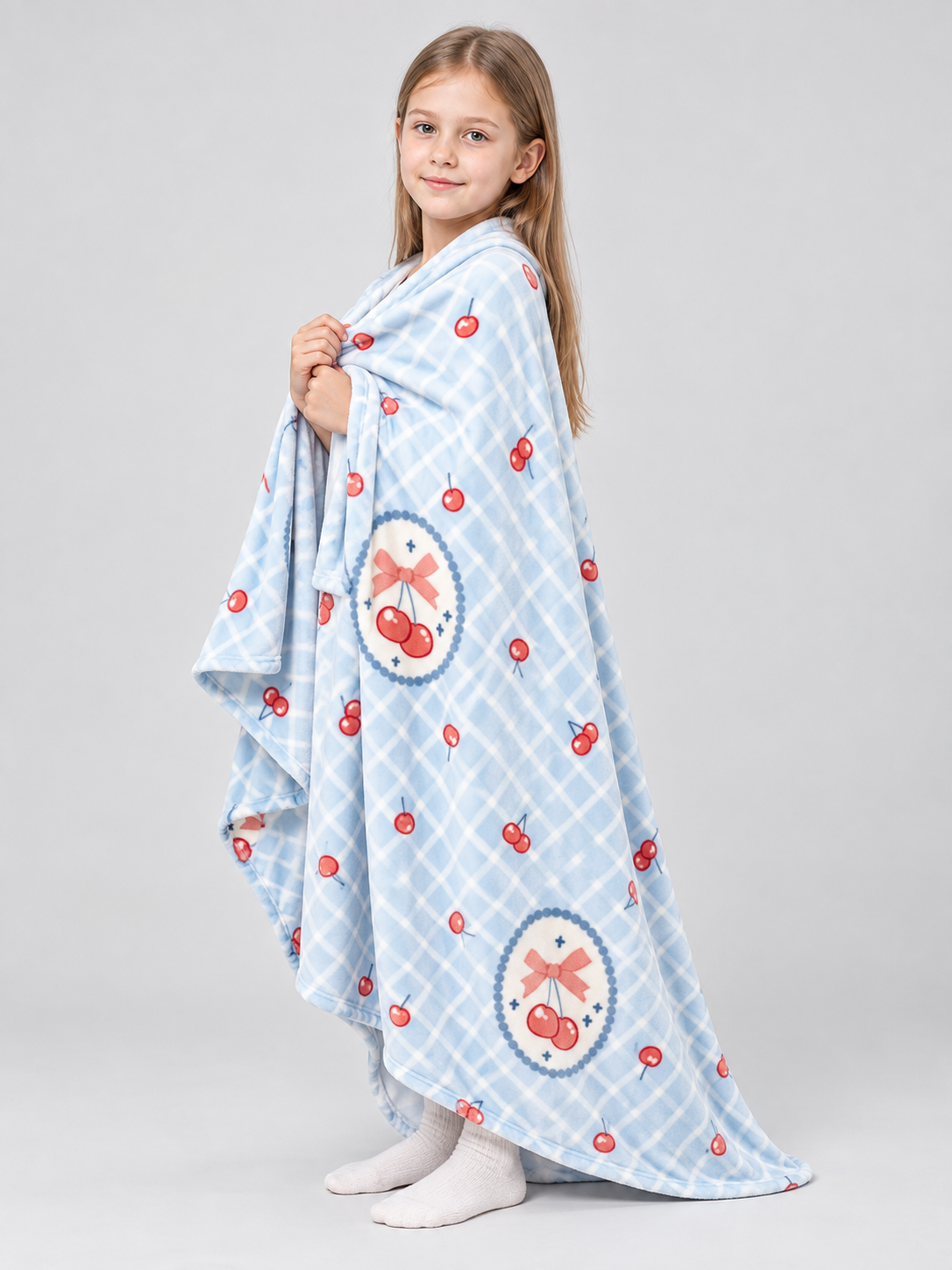 Blue Plaid Polyester Blanket with Cherries and Bows