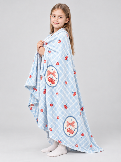 Blue Plaid Polyester Blanket with Cherries and Bows