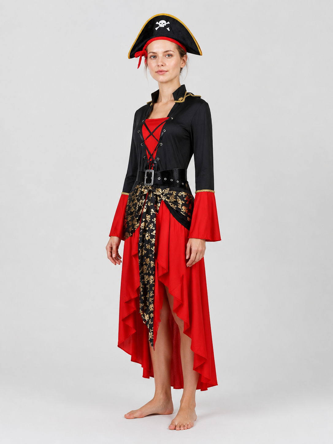 Red and Black Pirate Dress with Hat, Halloween Costume side view