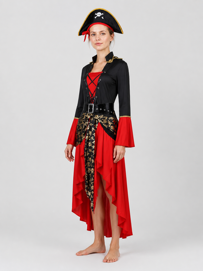 Red and Black Pirate Dress with Hat, Halloween Costume side view