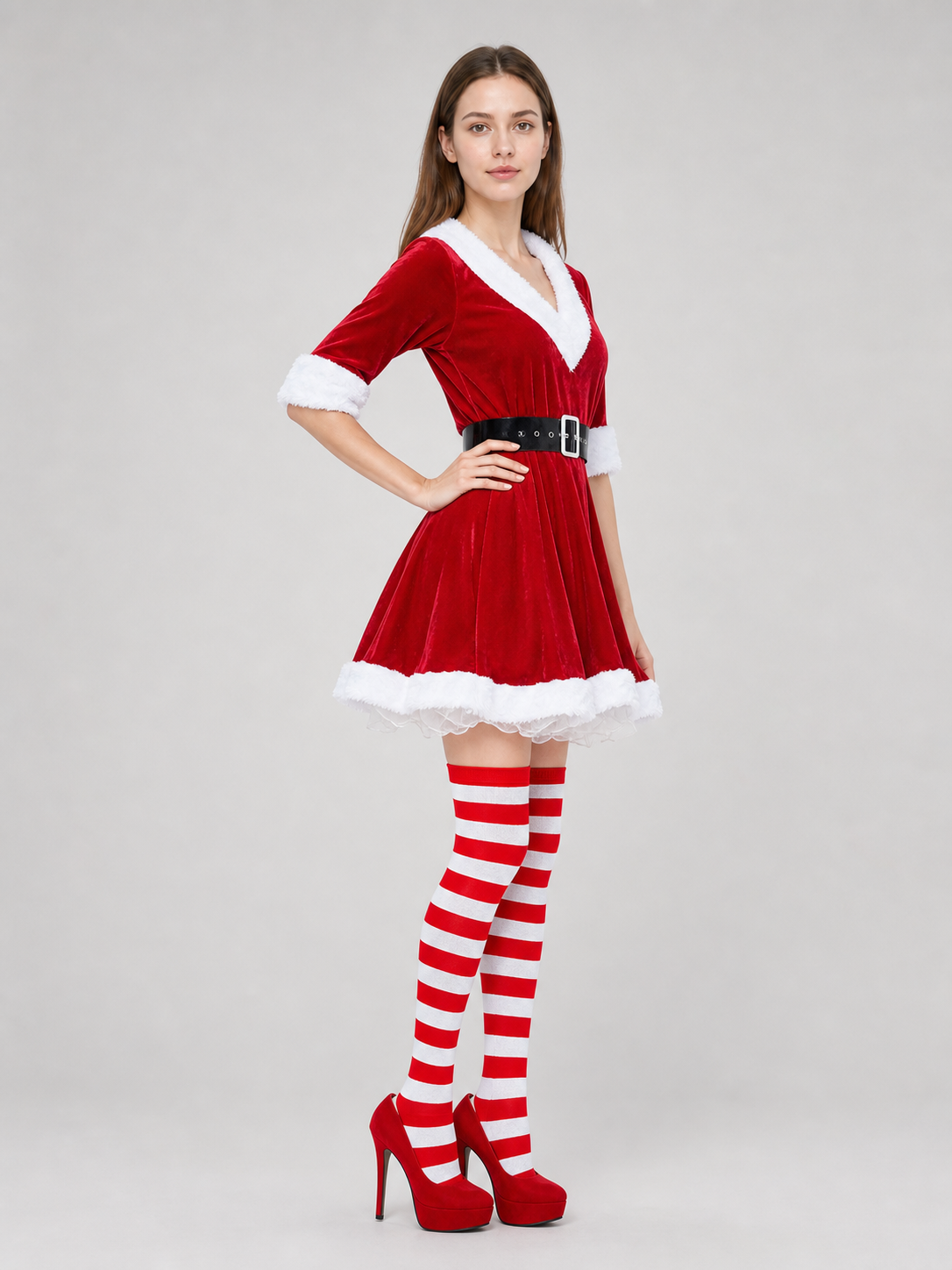 Santa Christmas Dress Costume with Belt and Stockings