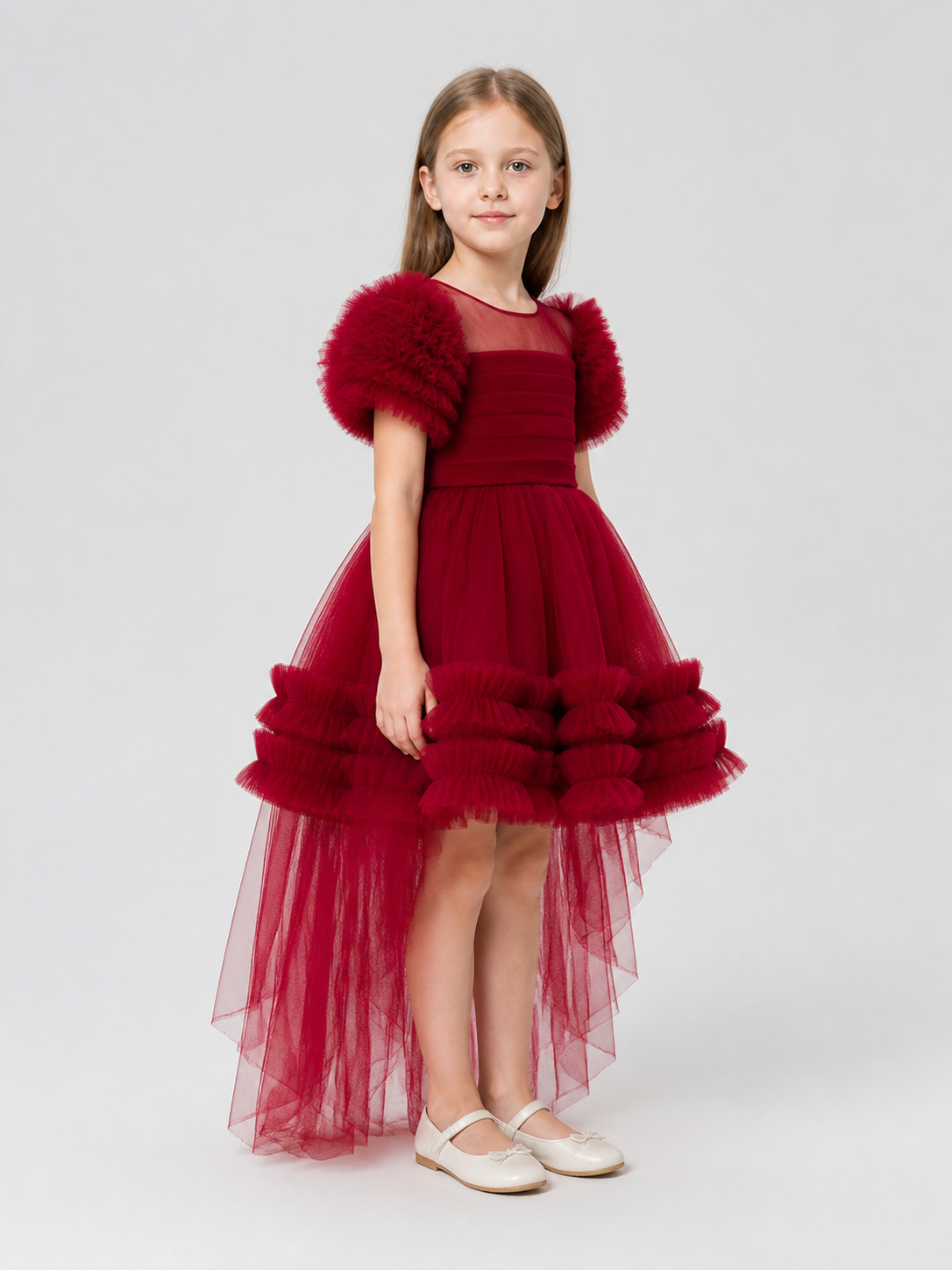 Red Princess Dress for Girls with a Long Train side view