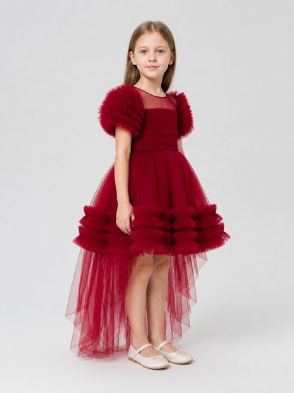 Red Princess Dress for Girls with a Long Train side view