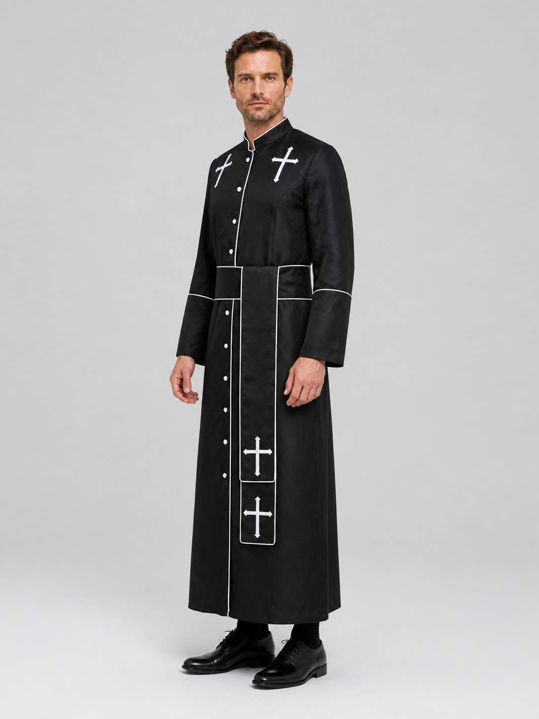 Long Black Cassock with a Cross for a Priest Costume side view