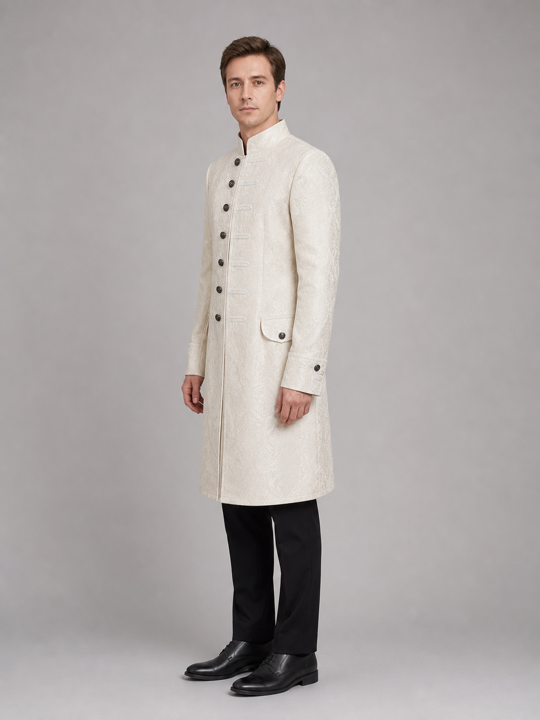 Vintage Jacquard Coat with Stand Collar