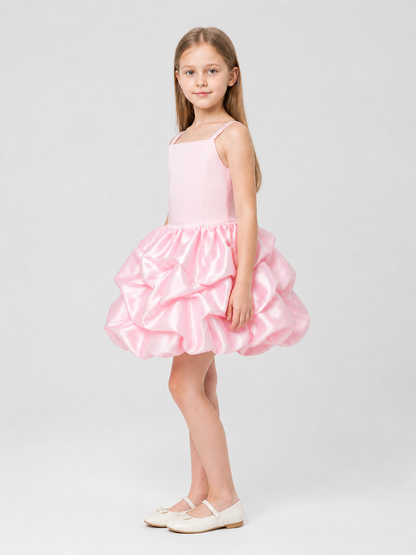 Satin sleeveless dress with a full balloon skirt side view