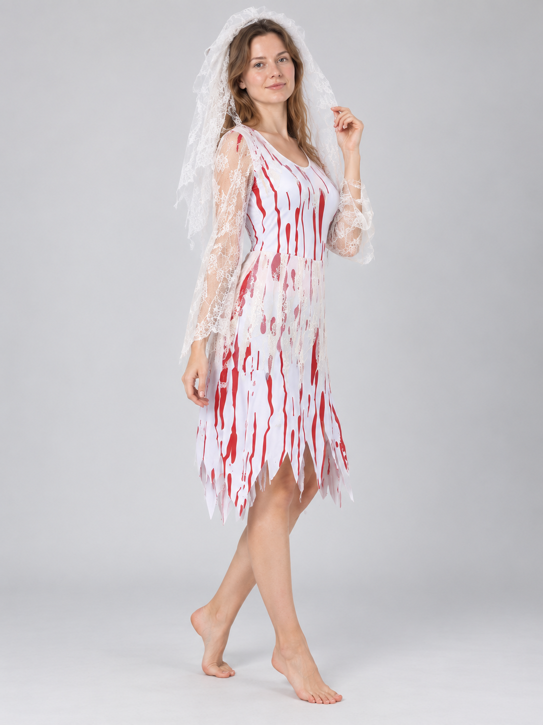 Carnival Costume with Dress, Veil, and Red Stains