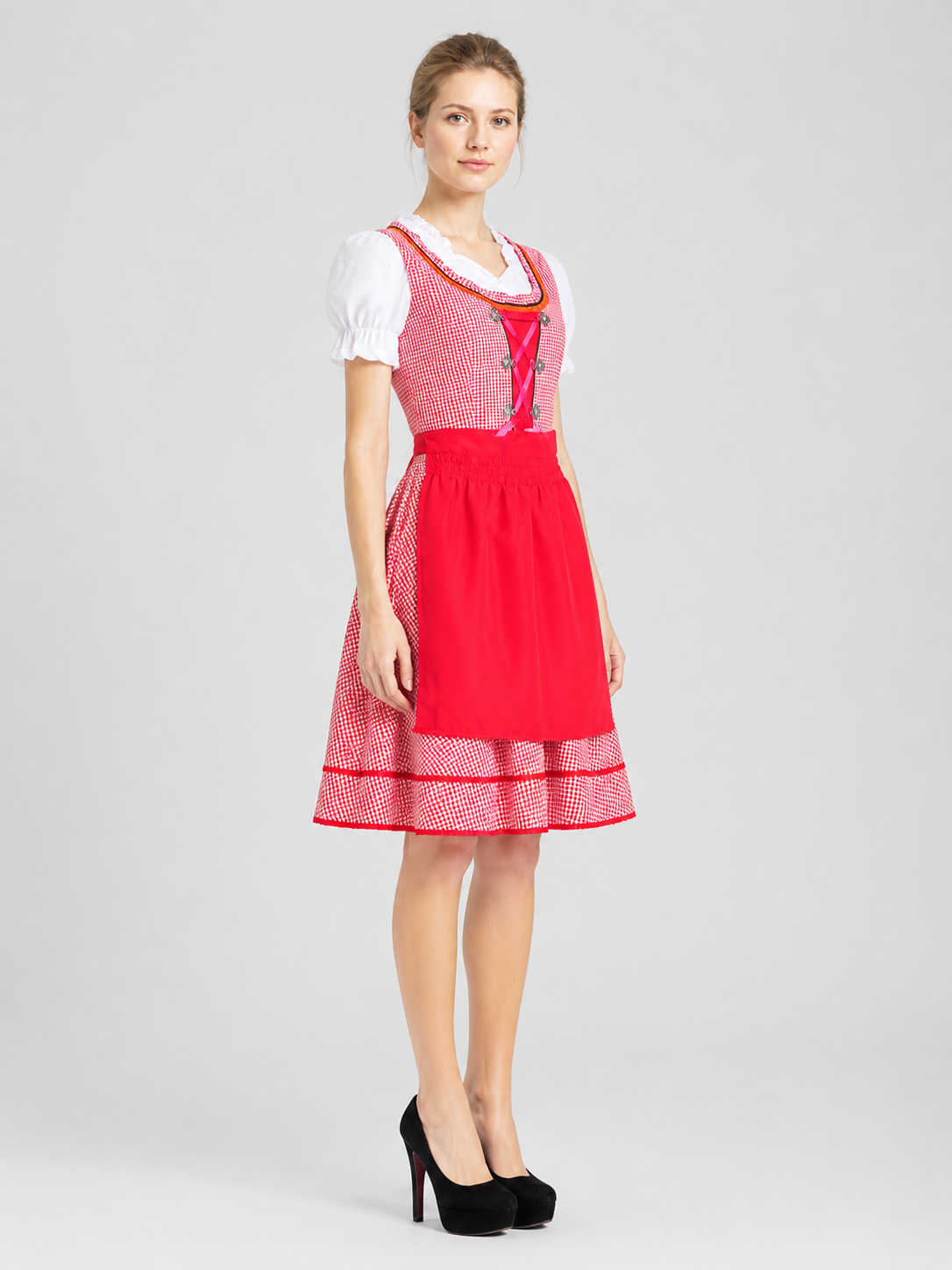Bavarian Traditional Dress, Red Plaid, with Apron side view