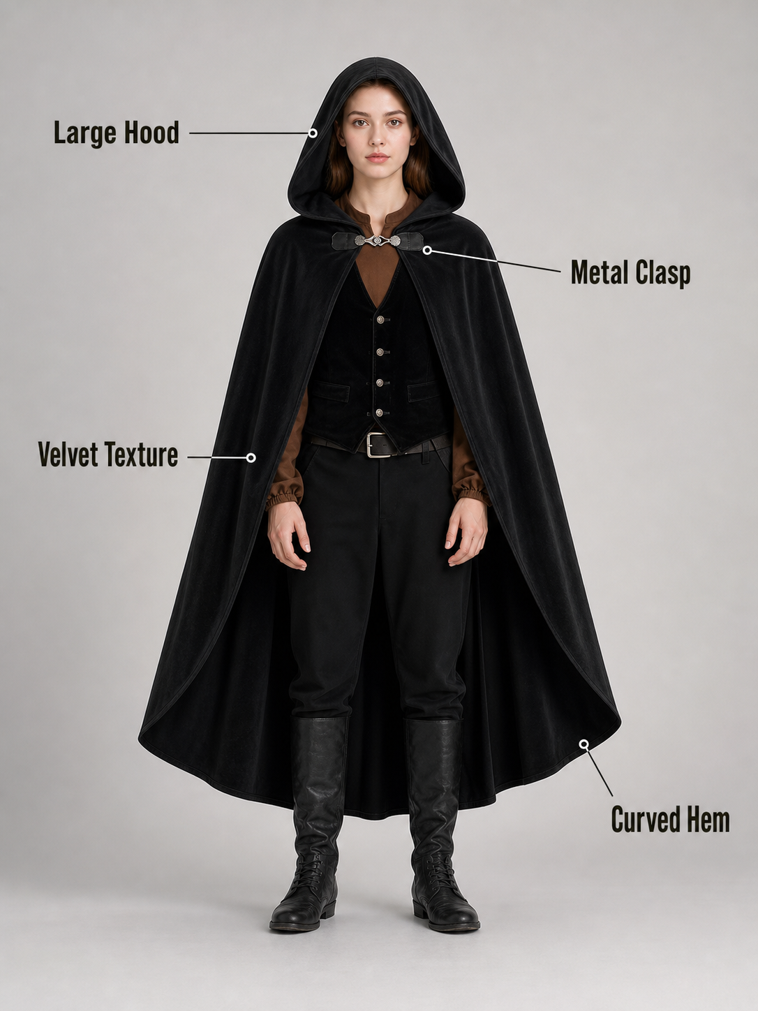 Long black hooded carnival cloak