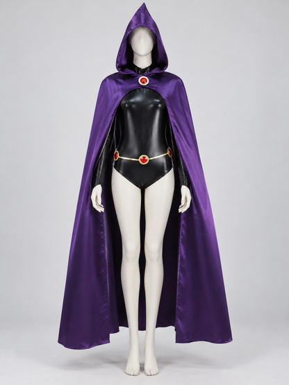 Raven Cosplay Costume with Purple Cape side view