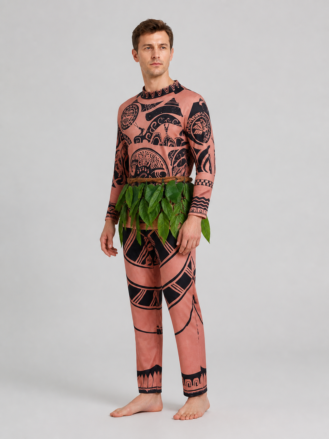 Maui Cosplay Costume: Long-Sleeve Shirt, Pants, and Grass Skirt side view