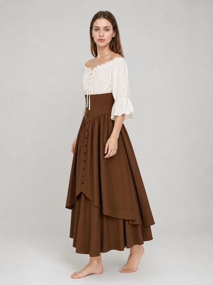 Brown Medieval-Style Dress with Ruffles