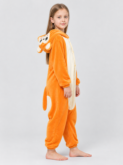 Orange Flannel Hooded Pajama Jumpsuit with Ears