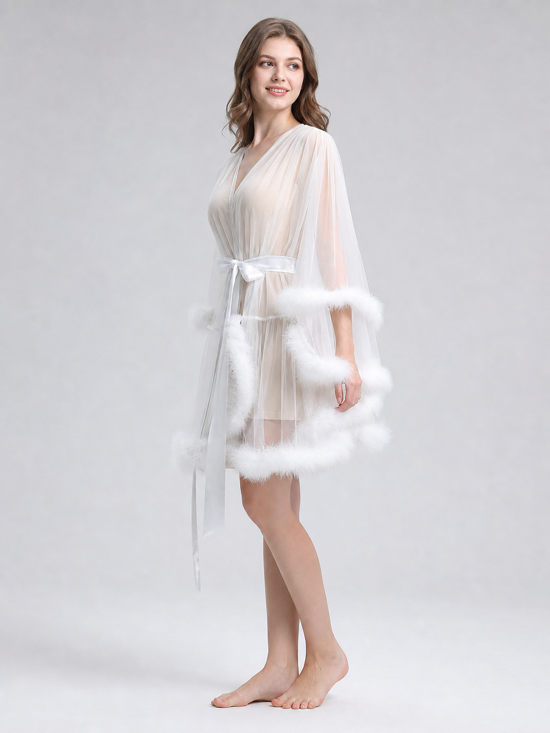 White Semi-Transparent Cape with Ties and Fluffy Trim