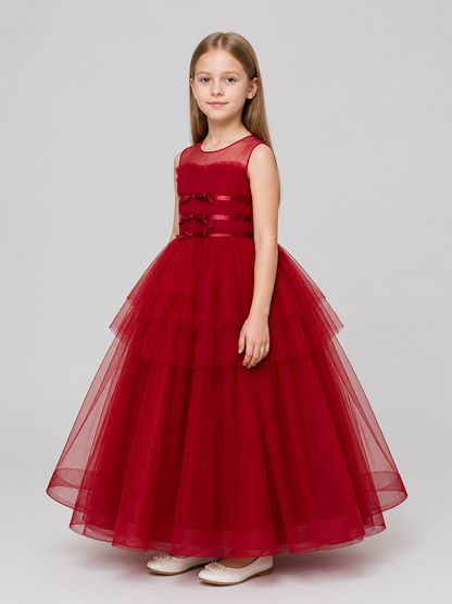 Elegant Long Burgundy Dress with a Full Tulle Skirt side view