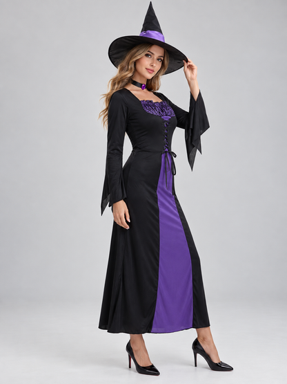 Witch Costume: Black and Purple Dress, Hat, and Neck Accessory