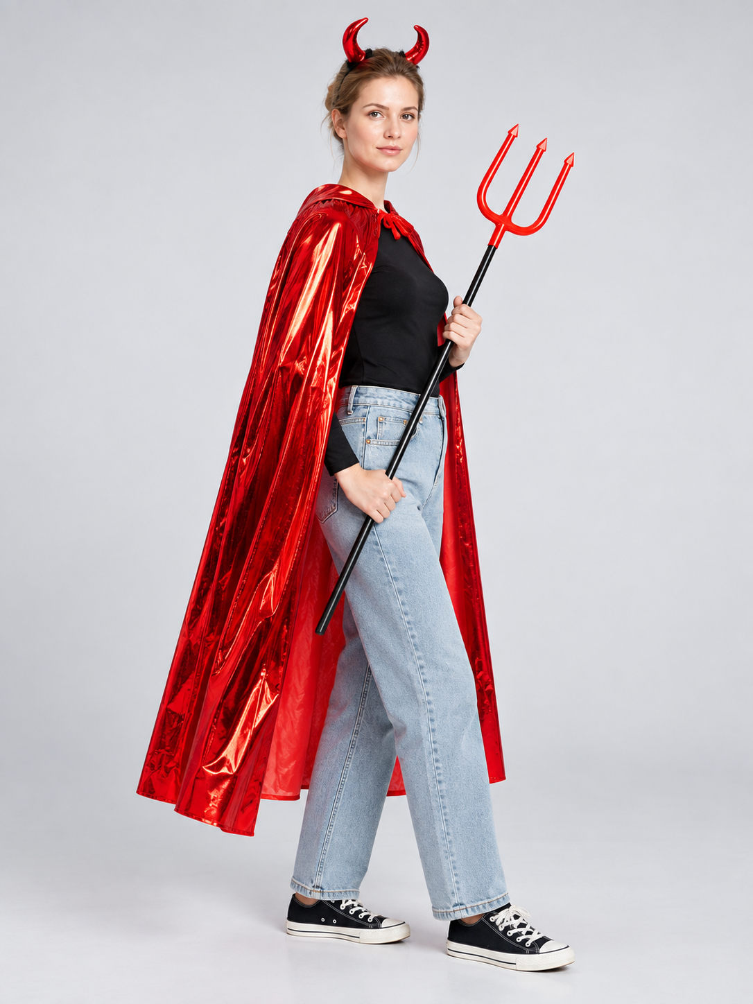 Red Costume with Cape, Horn Headband, and Trident side view