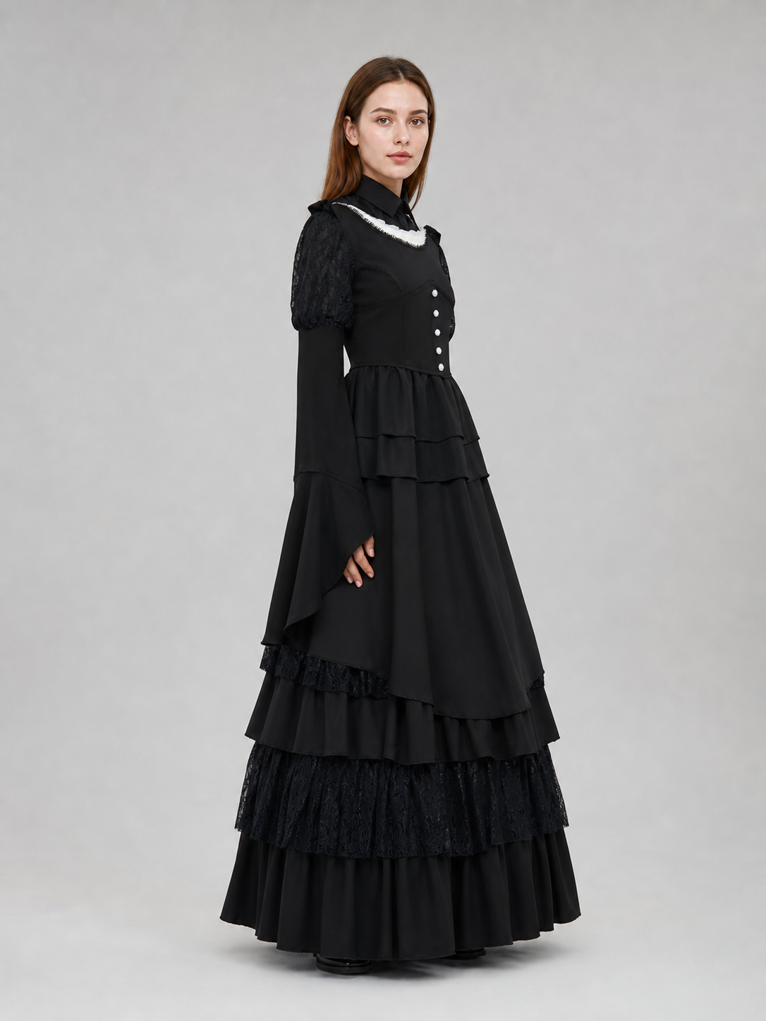 Gothic Dress with a High Collar and Ruffles